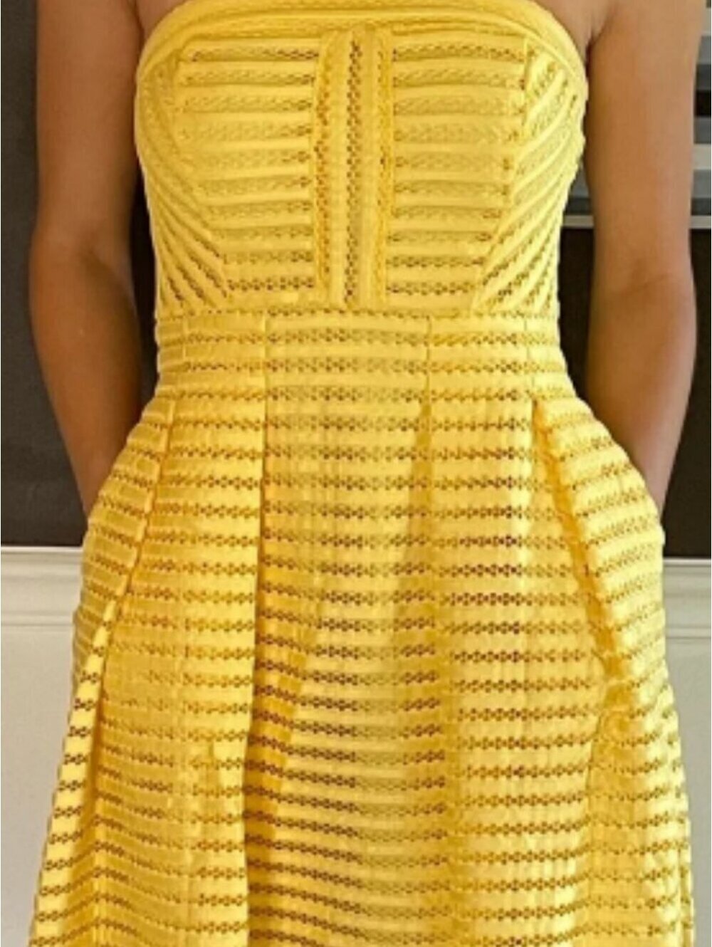 New York & Company | 4 | Yellow Strapless Lace Fit & Flare Dress